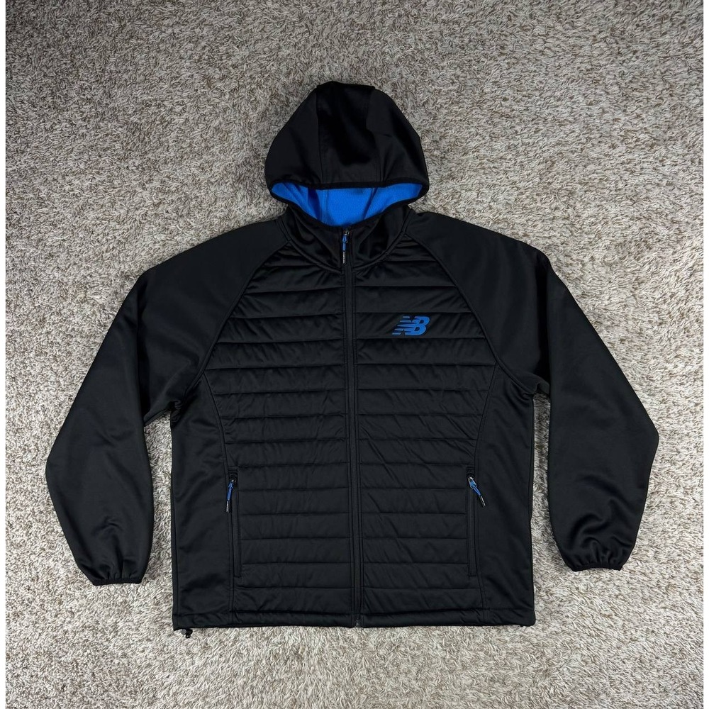 New Balance Men's XL Hybrid Jacket Black Blue Hooded Quilted Fleece Lined
